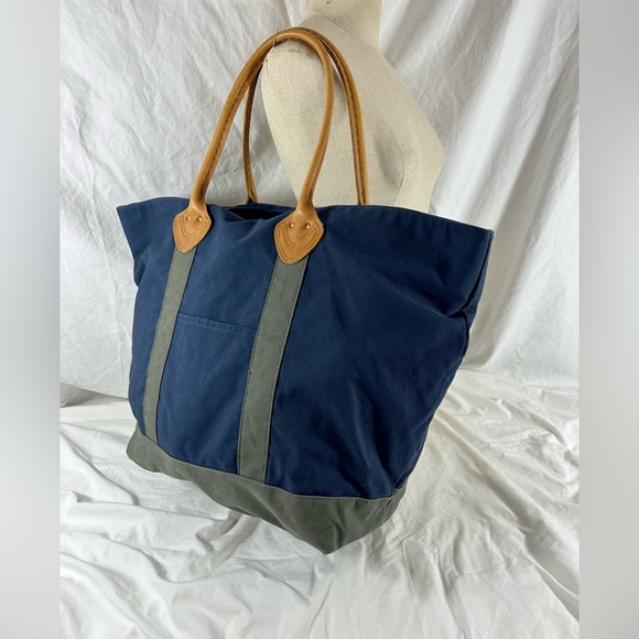 Genuine LL BEAN  Boat & Tote Bag Full Grain Leather Handles vintage Blue Green - Picture 10 of 13